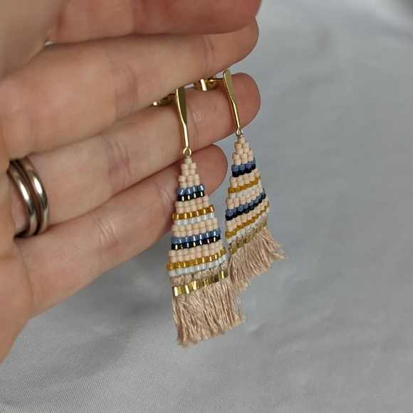 Handmade Artisan Beaded Tassel Gold Accent Dangle Post Earrings - Picture 2 of 4